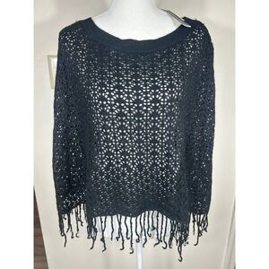 VTG Maurice Sasson Open Knit Crochet Poncho Y2K Women OS Black Beaded Fringe NEW